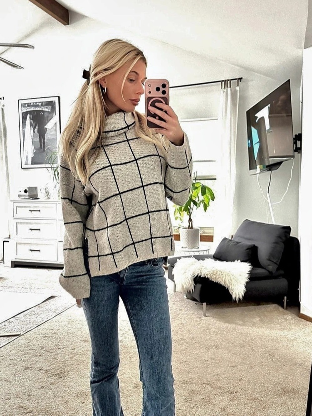 Madewell Cozy Oversized Turtleneck Sweater Cream & Black Grid Print Minimalist